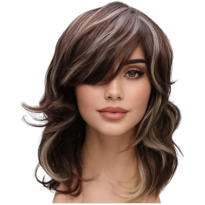 DILLARDS Synthetic Wavy Wig, Medium Length Layered Style With Side Bangs, Brown With Blonde Highlights, Heat Resistant Fiber - Image 2